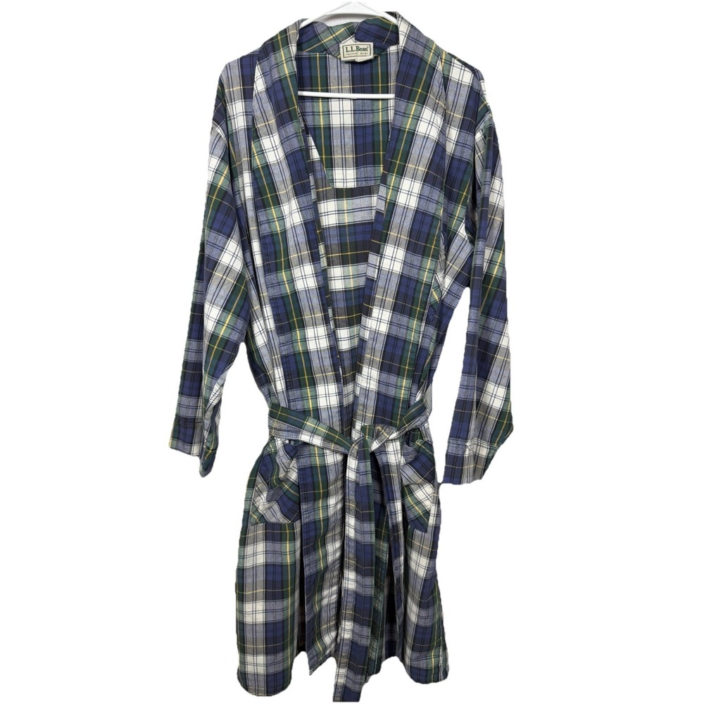 L.L. Bean Vintage Mens Large Flannel‎ Robe Plaid Cozy Lodge Cabin Cotton Belted